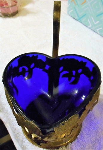 Blue glass heart - shape, dish