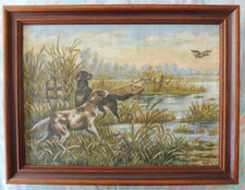 TABLEAU ANCIEN HST CHIENS CHASSE CANARD ETANG MARAIS BARQUE A RESTAURER 30x22 cm