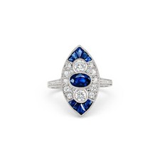Bleu Saphir Diamant Platine Bague Art Déco Ancien Motif Naturel 2.07 Cts
