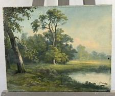 Ancienne huile sur toile signée : paysage lacustre Ecole de Barbizon XIXe