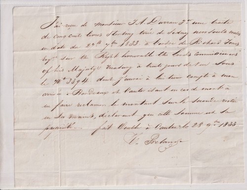 1833 reçu traite - 28-09-, 1833.