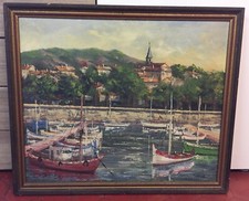 HST HUILE SUR TOILE MARINE L ESTAQUE MARSEILLE signé CASTELL 