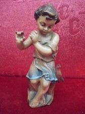 Belle, vieux Figurine en Bois __ Garçon Avec Oiseau __ Sculpté Et Peint _