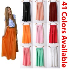 Femme Jupe Maxi Double Couche Mousseline Plissé Rétro Robe Longue Élastique Nue