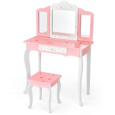 Ensemble Coiffeuse et Tabouret pour Enfants Miroir à 3 Volets Amovible, Table d