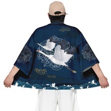 Homme Kimono Imprimé Grue À Manches 3/4 Larges Blouse Chemise Style Oriental