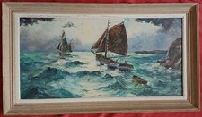 Superbe  marine animée  huile du XX e siècle par Jean Hannedouche peintre Basque