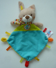 J6. DOUDOU PLAT OUATOO BABY LAPIN bleu vert écharpe rayé oiseau poule  ETAT NEUF