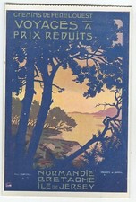 carte postale publicitaire CHEMINS DE FER OUEST NORMANDIE BRETAGNE JERSEY CPA