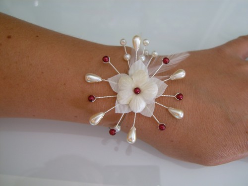 Bracelet bordeaux ivoire - bracelet, fleur