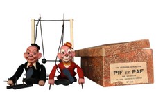 Jouet ancien automate de cirque clowns pif et Paf équilibristes et culbuteur déb