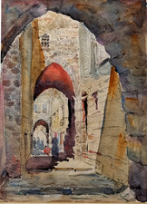 Tableaux aquarelles orientalistes monogrammées G W, rues animées médina