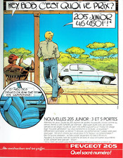 publicité Advertising  0922  1987   Peugeot 205 Junior sièges jean sacré numéro