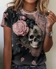 T-shirt imprimé femme, style Gothique, tête de mort avec fleurs roses, XXL - 46