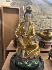 CHINESE PORCELAIN  11.75” GOLD GUAN YIN STATUE Figurine on Lotus