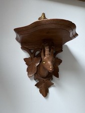 Antique Black Forest Wall Shelf Console Carved Wooden Chamois Head & Sulfur Eyes