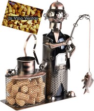 Support pour Bouteille de Vin Métal Pêcheur avec Poisson et Seau pour Bouchons