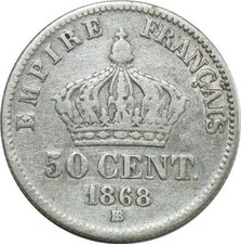 O8892 Rare 50 Centimes Napoléon III 1868 BB Strasbourg Argent Silver