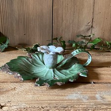 Ancien Bougeoir Tôle Emaillée Rat Cave Forme de Feuille Vert et Blanc - Shabby