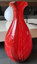 Grand Vase D Art Italien En Verre Soufflé Murano. Rouge Vif/Tourbillons Noir/Or