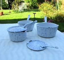 ANTIQUE FRENCH SET OF 3 GRANITEWARE ENAMELED METAL SAUCEPANS 2 LIDS EARLY 1920" 