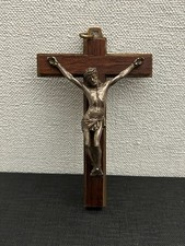 Ancien Crucifix Croix Pendentif en Laiton Bronze et Bois LOURDES