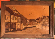 superbe travail NON SIGNÉ PANNEAU en marqueterie encadré 51X34 cm Rue en Alsace
