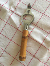 Ancien Ouvre Boite Decapsuleur en Inox Manche en BAMBOU Cuisine Retro Vintage