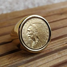 Bague Chevalière Dollars Indien USA en Acier Inoxydable Dorée Or Fin Fait Main