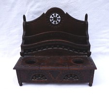  QUIMPER Inkwell Letter Holder Desk Stand Carved Wood Turned Wood Vintage