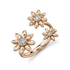 Diamant Bague Fleur 14K or Rose 3 Marguerite Drapé Cocktail Droit À Rond Naturel