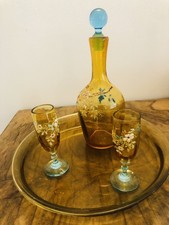 ANCIEN service à liqueur en verre Coloré plateau carafe 2 verres