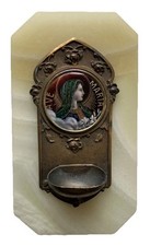 Bénitier en Bronze et Onyx Médaillon en Émail Vierge Ave Maria Art Nouveau Roses