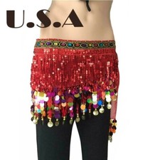 J'Style Belly Dance Hip Skirt Scarf Wrap Belt with Coins Red Color US Seller