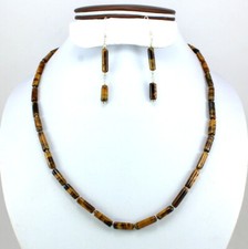 Collier boucle d'oreille pierre précieuse oeil de tigre naturel argent sterli...