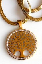 Pendentif Arbre de Vie - Acier Inoxydable Doré orné de Zircons + Collier Doré