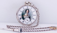 Antique Poche Breloque Montre Émail Sterling Argent Cadran Portrait Victoria