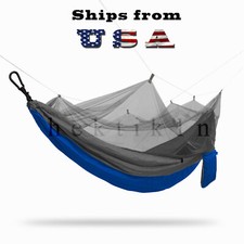 Double Outdoor Parachute Nylon Hammock with Mosquito Net Blue Gray - Large
