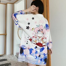 Femmes Hommes Lucky Cat Kimono Manteau Japonais Gilet Veste Yukata Casual Chic