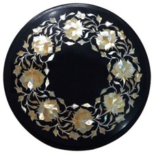 12 " Rond Noir Marbre Coin / Côté Table Top Incrustation Travail Art Décor
