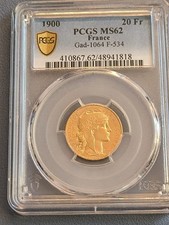 Magnifique 20 Francs OR Marianne COQ 1900  SPL-, Certifiée PCGS MS62