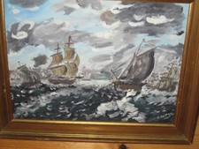 MARINE .SIGNE HUILE SUR CHASSIS  Toile ENCADRE BOIS DORE.48 X 38.40 X 30..950 GR
