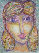 Tableau Portrait visage femme Personnage pastels 21x28cm/Feuille signé 
