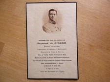 CARTE AVIS DE DECES LIEUTENANT RAYMOND DE GIGORD NANCY 1921 ENGAGE VOLONTAIRE