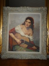 tableau  huile sur toile "la belle gitane et guitare " signé  M. Callewaert XXe