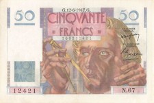 ANCIEN BILLET DE BANQUE - FRANCE 50 FRANCS LE VERRIER 1947