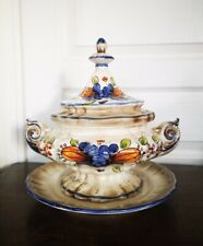 Ancienne Soupière avec Plateau en Céramique Made In Italy Décor Floral Ancien