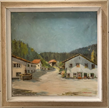 HST ANCIENNE PEINTURE VUE DE VILLAGE DANS LES VOSGES EN ALSACE VERS 1950 SIGNEE