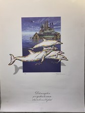 lithographie daniel monic 79 x56 EA signee artiste belge Dauphins