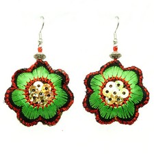 Boucles d'oreilles Femme légères fleurs tissu brodé vert rouge sequins doré fête